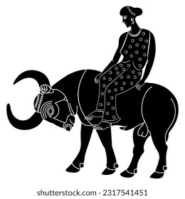 The Rape of Europa. Ancient Greek mythology. Pretty girl siting on a bull. God Zeus. Black and white silhouette.