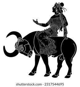 The Rape of Europa. Ancient Greek mythology. God Zeus as bull carrying a pretty girl. Black and white silhouette.