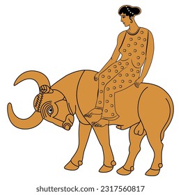 The Rape of Europa. Ancient Greek mythology. Pretty girl riding a bull. God Zeus. Vase painting style. Isolated vector illustration.