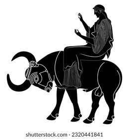 The Rape of Europa. Ancient Greek mythology. Beautiful woman riding a bull. God Zeus. Vase painting style. Black and white negative silhouette.