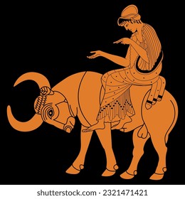 The Rape of Europa. Ancient Greek mythology. Beautiful woman riding a bull. God Zeus. Vase painting style. On black background.