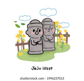 Rape flowers and cute Dolhareubang (traditional stone statues in Jeju Island, Korea). Jeju Island concept vector illustration.