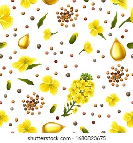 Rape seeds and flowers, canola oil. Brassica napus. Seamless vector pattern.