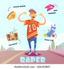 Raper character pack with trendy elements and accessories for man on road flat vector illustration