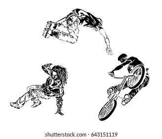 Raper dancer, roller and bicyclist on white background. Extreme theme modern print. Vector design elements. Isolated on white