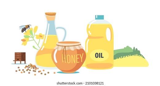 Rapeseed Canola Honey and Oil, Bee Flying over Flowers. Organic Natural Food in Glass Jar or Bottle. Bee Production for Eating, Vegetarian Ingredients, Agriculture. Cartoon Vector Illustration