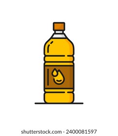 Rapeseed, canola oil icon, features a slender, yellow plastic bottle with a drop label, showcasing golden liquid, representing its use in cooking and food preparation. Isolated vector thin line sign