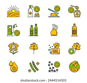 Rapeseed, canola oil icons with vector flowers and seeds. Thin line agriculture crop plant field, colza vegetable oil bottle, jar, jug and golden drop. Butter, biofuel, rapeseed honey and cosmetics