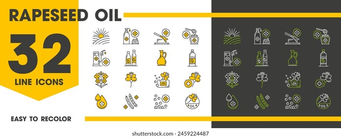 Rapeseed and canola oil line icons of rape flowers and seeds for cooking and industry, vector symbols. Rapeseed or canola oil natural food products of mustard, bio fuel and organic honey or cosmetics