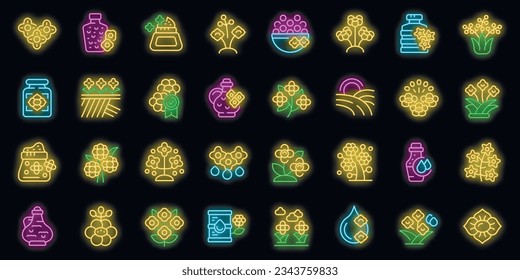 Rapeseed icons set outline vector. Canola flower. Oil food neon color on black