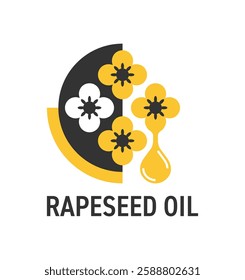 Rapeseed oil or Canola oil emblem or logo template for food or biofuel labeling. Brassica flower with drop