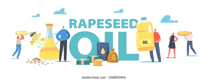 Rapeseed Oil Concept. Tiny Characters Carry Huge Capsules with Omega Fats near Glass Jar and Jug with Rapeseed Canola Oil , Organic Product Poster, Banner or Flyer. Cartoon People Vector Illustration