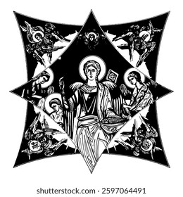 Raphael Archangel on cross dome with 4 apostles, angels and seraphim. Ink illustration black and white in Byzantine style isolated