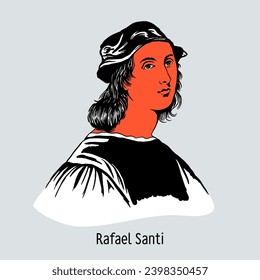 Raphael Santi was an Italian painter, draftsman and architect of the Umbrian, Florentine and then Roman school. Hand drawn vector illustration