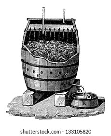 Rapid Acetification of Vinegar in a Schuzenbach Barrel, vintage engraved illustration. Industrial Encyclopedia - E.O. Lami - 1875