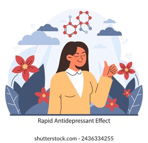 Rapid Antidepressant Effect. A person experiences the uplifting impact of Ketamine therapy against a backdrop of tranquil nature, symbolizing hope and healing. Flat vector illustration