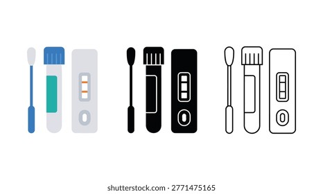 Rapid antigen test kit with swab and positive test result. Covid-19 diagnosis medical device for home.