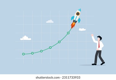 Rapid business growth, massive sales of products, skyrocketed profit, company earning or financial gain concept, Cheerful businessman with exponential graph.