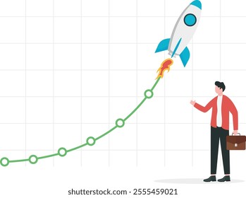 Rapid business growth, massive sales of products, skyrocketed profit, company earning or financial gain concept, Cheerful businessman with exponential graph.
