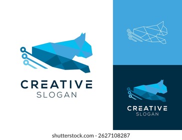 Logo rápido da tecnologia do gato. Gato com estilo moderno e elementos de tecnologia design de logotipo