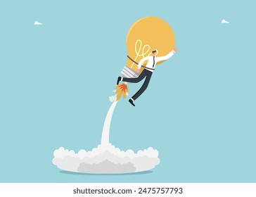 Rapid climbing career ladder through creativity or brainstorming, innovation to achieve success, logic or intelligence in business development decision making, man takes off on light bulb like rocket.