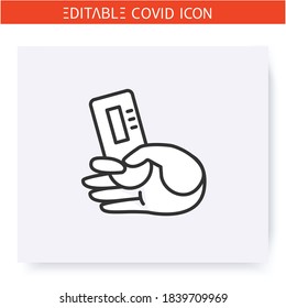 Schnelles Symbol für die Testlinie des Coronavirus. Blutprobe. Hand, die einen Schnelltest hält. Arzt oder PatientenHand. Covid19-Antikörpertest. Einzige Vektorgrafik. Bearbeitbarer Hub 