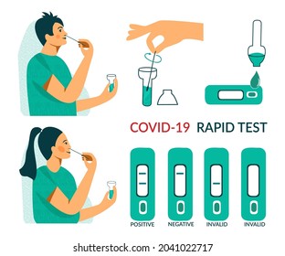 Rapid COVID-19 Antigen Test For Children At School. Corona Virus Nasal Pcr Swab Rapid Test For Kids. Pupils Girl And Boy Make Test For Coronavirus. Flat Vector Illustration Isolated White Background