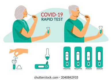 Schneller COVID-19-Antigentest für ältere Menschen. Corona-Virus Nasal pcr swab Schnelltest. Senior erwachsene Mann und Frau testen zu Hause auf Coronavirus. Flache Vektorgrafik einzeln auf Weiß
