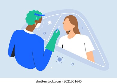 Rapid drive-through PCR test for covid19, female patient tested for coronavirus sit in her car, medical doctor collecting specimen with nasal swab in mask and protective gloves, vector illustration