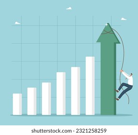 Rapid economic or investment growth, climbing the career ladder, improving financial well-being, the rapid pace of business and production development, man is climbing a tightrope on a growing graph.