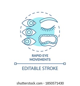 Icono de concepto turquesa de movimiento de ojos rápidos. Ciclo durmiente. Fase soñadora mientras duerme. Patrón de descanso. Ilustración de línea delgada de idea de escenario REM. Dibujo de color RGB con contorno aislado del vector. Trazo editable