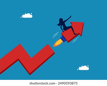 Rapid growth. Businesswoman rides a fast arrowhead attached to a rocket 