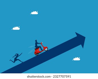 rapid growth over competitors. man riding a motorcycle on an arrow
