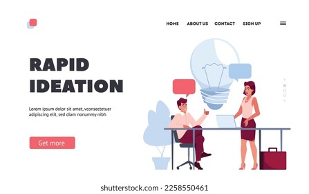 Rapid Ideation Landing Page Template. Man and Woman Discuss Idea in Office. Employee Characters Found the Best Solution for Startup Project Successful Business Plan. Cartoon People Vector Illustration