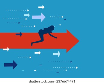 Rapid progress. Businesswoman riding an arrow pointing forward
