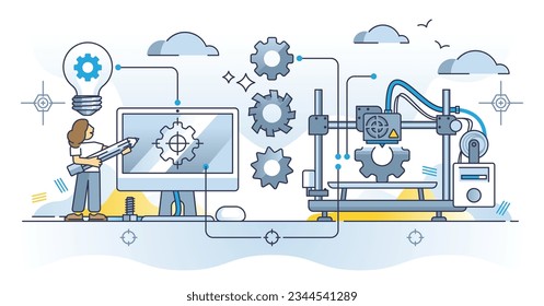 Rapid prototyping and three dimensional model printing outline concept. Fast, precise and effective manufacturing with 3D plastic filament technology vector illustration. Create additive construction