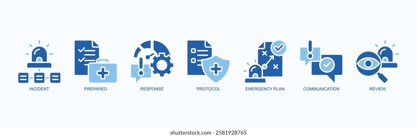 Rapid Resolve Icon Set Isolated Vector Illustration Concept With Icon Of Incident, Prepared, Response, Protocol, Emergency Plan, Communication, Review In Two Color Glyph Style