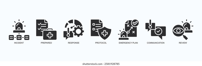 Rapid Resolve Icon Set Isolated Vector Illustration Concept With Icon Of Incident, Prepared, Response, Protocol, Emergency Plan, Communication, Review In Black Style