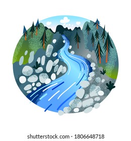 Rapid seething stream of mountain river. Spruce alpine forest. Wildlife landscape in round stamp isolated on white. Vector illustration of protected nature reserve, tourist spot or recreation area