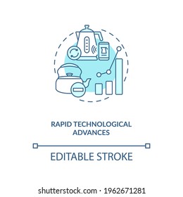Rapid technological advances concept icon. E-waste manage challenge idea thin line illustration. Technology innovation. Hazardous substances. Vector isolated outline RGB color drawing. Editable stroke