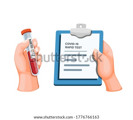 Rapid test result using blood sample checking infection from corona virus,hand holding blood test tube with paperboard concept in cartoon illustration vector on white background