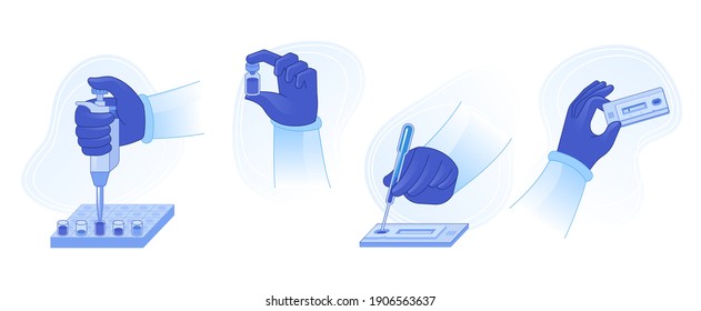 Rapid testing process for coronavirus covid-19 set. Doctor's hands hold automatic pipette with samples, bottle with test liquid, drip onto device and get result after some time. Vector illustration
