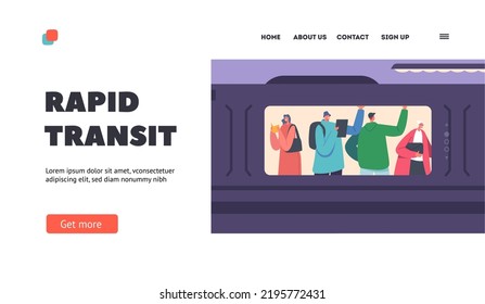 Rapid Transit Landing Page Template. People in Metro, Subway Train. Men and Women Passengers in Public Transport. Male and Female Characters Using Underground Tube. Cartoon Cartoon Vector Illustration