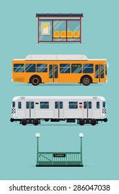 Rapid transit system and shorter distance transport vector modern flat design items with bus, subway train car, bus stop and tube entrance. Ideal for transport themed graphic and web design