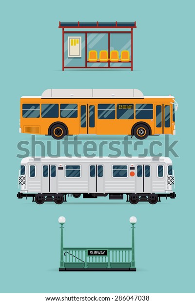 Rapid transit system and shorter distance\
transport vector modern flat design items with bus, subway train\
car, bus stop and tube entrance. Ideal for transport themed graphic\
and web design