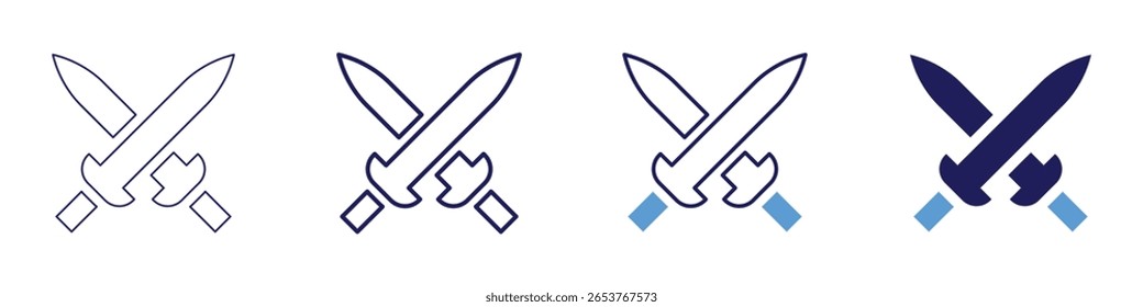 Rapier Schwertsymbol in 4 verschiedenen Stilen. Dünne Linie, Linie, Fette Linie, Duotone. Duotone-Stil. Bearbeitbarer Strich.