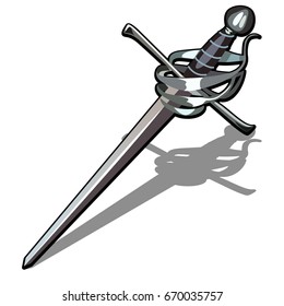 Rapier sword with ornate handle isolated on a white background. Cartoon vector close-up illustration.