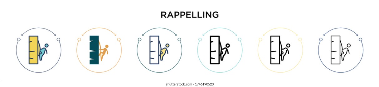 Rappelling icon in filled, thin line, outline and stroke style. Vector illustration of two colored and black rappelling vector icons designs can be used for mobile, ui, web