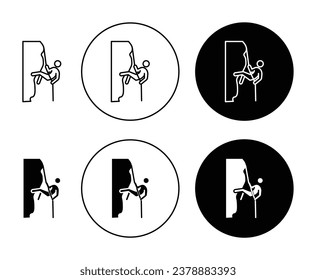 Rappelling icon set. rock climber climbing vector symbol in black filled and outlined style.