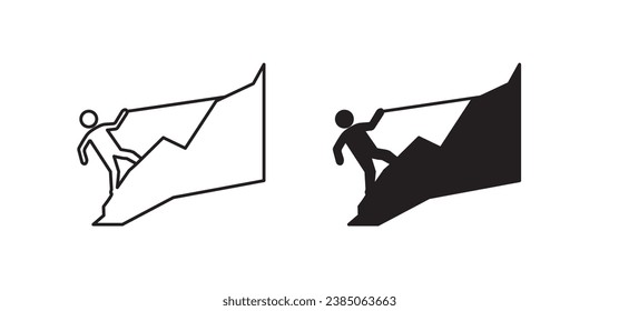 Rappelling line icon set. Rock climber climbing symbol for UI designs. In black color.